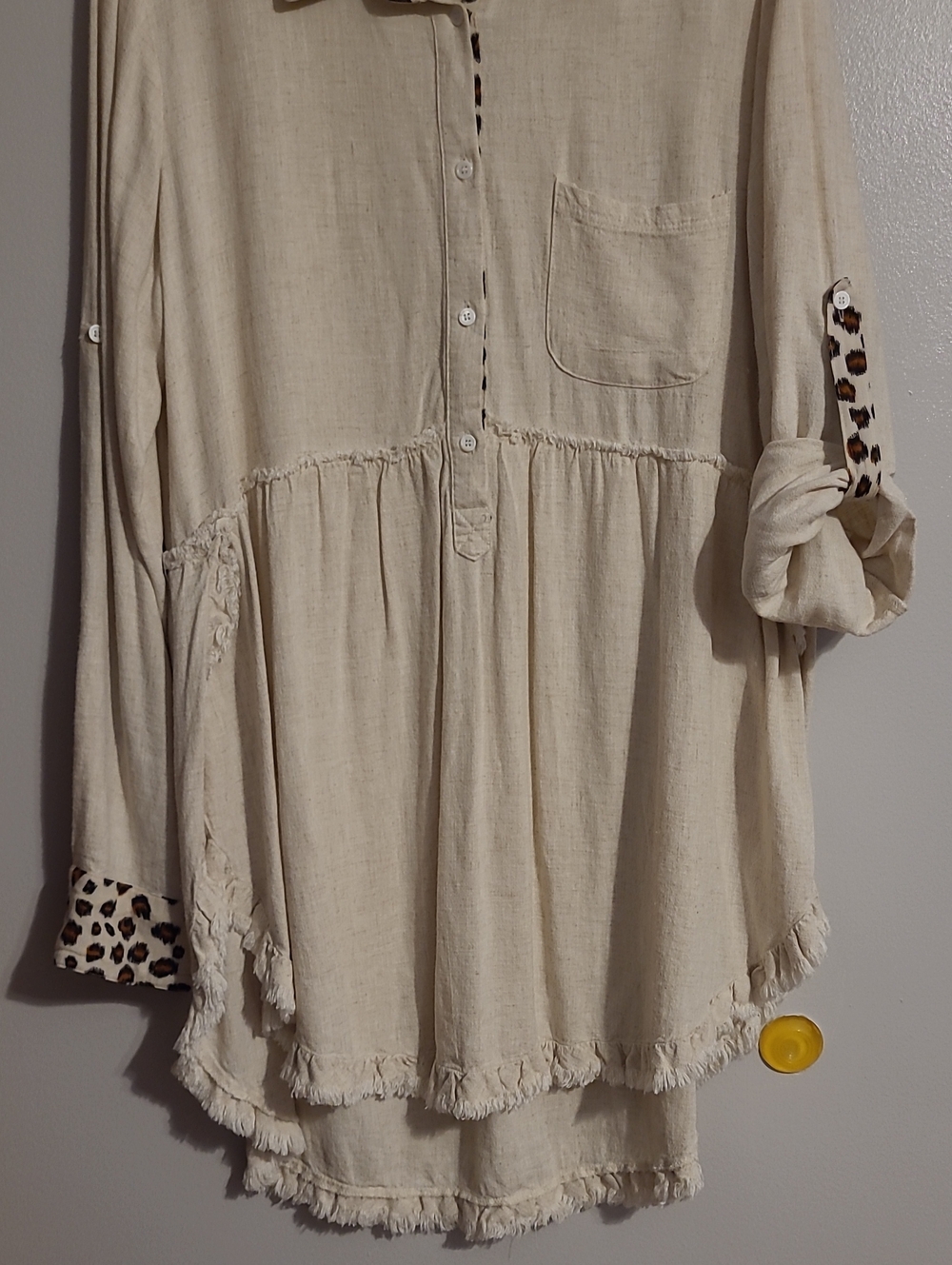 Umgee Linen Cotton Blend Leopard Cheetah Trim Frayed Oatmeal Tunic Top Sz L Boho - Picture 5 of 13